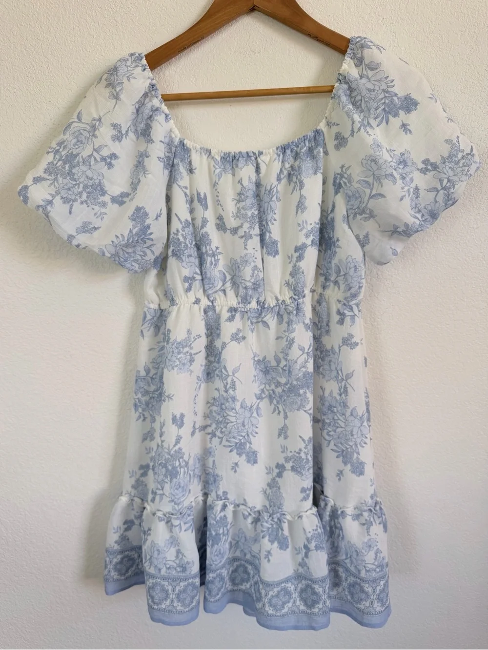 Babydoll Mini Dress with Light Blue Floral Print - Picture 3 of 3